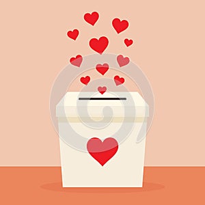 Donation Box with Red Hearts Flat Vector Illustration