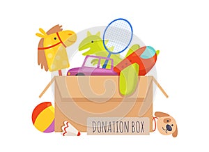 Donation box. Voluntary help children, isolated box with toys. Charity vector illustration