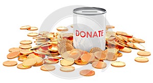 Donation can with pile of golden coins, 3D rendering