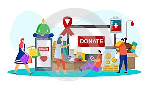 Donation for care, vector illustration. Man woman volunteer character donate food, toys, money and blood. Charity