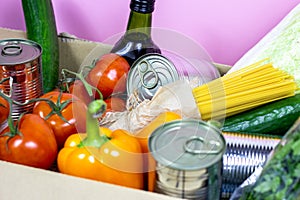Un regalo cartulina cabina comida latas verduras a próximo. trabajar como voluntario a ayuda caridad 