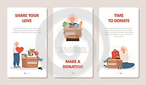 Donation and charity concept. Elderly volunteers women with boxes full of humanitarian help. Philanthropy. Time to