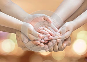 Donation charity concept with family, parent - children, empty hands praying together  with clipping path