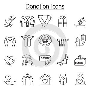 Donation & Charity icons set in thin line style