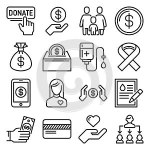Donation and Charity Icons Set on White Background. Line Style Vector
