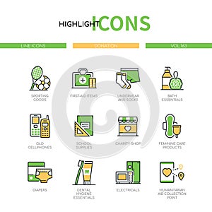 Donation and charity - line design style icons set