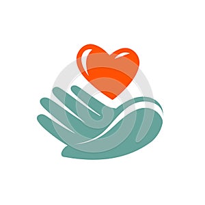 Donation, charity logo or label. Hand holding heart icon. Vector symbol