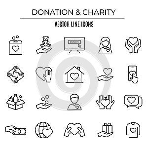 Donation and charity outline icon set. Editable stroke.