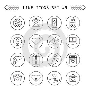 Donation and charity vector linear icons