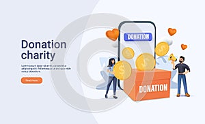 Donation charity website template 3D render vector illustration. Characters donating money, Volunteers putting coins