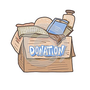 Donation concept. Box with stuff and text.