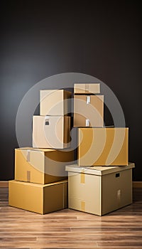 Donation concept cat sitting in cardboard box amidst stack of moving boxes in new home