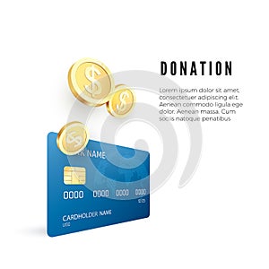 Donation concept. Golden coin collect on credit card. Vector illustration
