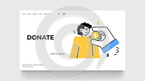 Donation concept landing page. Mand and hand with coin photo