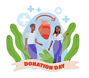 Donation day and charity vector concept with two people promoting