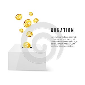 Donation. Donate money concept. Golden coin fund in money box. Vector illustration isolated on white background