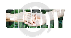 Donation fill text, old and young hands, red heart image cut, white background.