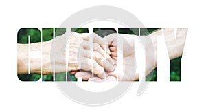 Donation fill text, old and young hands, red heart image cut, white background.