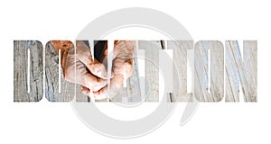 Donation fill text, old and young hands, red heart image cut, white background.