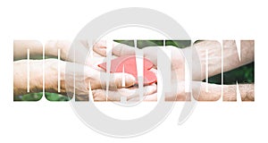 Donation fill text, old and young hands, red heart image cut, white background.