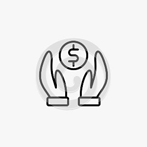 Donation line icon design vector. Caring people illustration design. Gesture hand with money donation sign vector. Black outline v