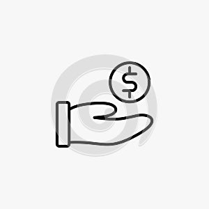 Donation line icon design vector. Caring people illustration design. Gesture hand with money donation sign vector. Black outline v