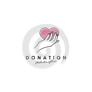 Donation logo design, template, vector. Holding hand giving donation. Female hand gestures donate logo template