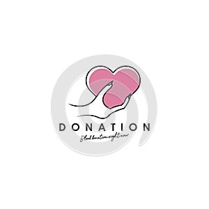 Donation logo design, template, vector. Holding hand giving donation. Female hand gestures donate logo template