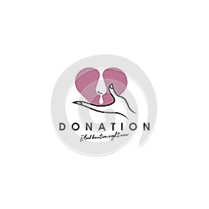 Donation logo design, template, vector. Holding hand giving donation. Female hand gestures donate logo template