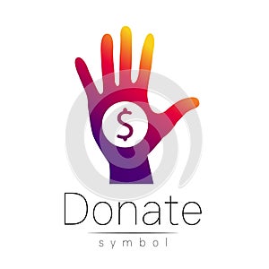 Donation sign icon. Donate money hand. Charity or endowment symbol. Human helping. on white background. Vector.Violet