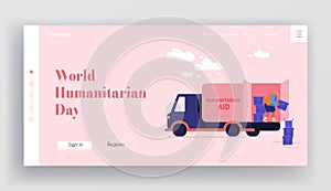Donation to Poor Homeless People Landing Page Template. Altruistic Volunteer Character Unloading Humanitarian Aid photo