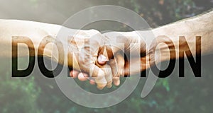 Donation Transparent Text Effect, old and young hands, red heart image cut, white background.