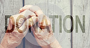 Donation Transparent Text Effect, old and young hands, red heart image cut, white background.