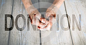 Donation Transparent Text Effect, old and young hands, red heart image cut, white background.