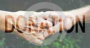 Donation Transparent Text Effect, old and young hands, red heart image cut, white background.