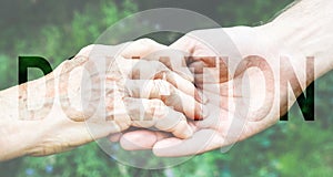 Donation Transparent Text Effect, old and young hands, red heart image cut, white background.