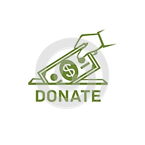 Donation vector icon. Donate money and charity concept. Hand putting money to the donation box icon.