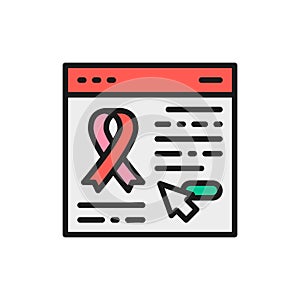 Donation website, web page with awareness ribbon flat color line icon.