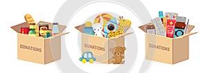 Donations boxes. Donate child toys, food and medications humanitarian aid. Charity kindness, volunteer social assistance