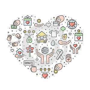 Donations and charity colored outline heart illustration.