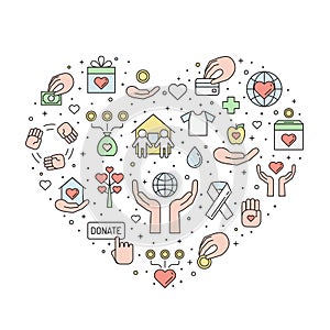 Donations and charity colored outline heart illustration. photo