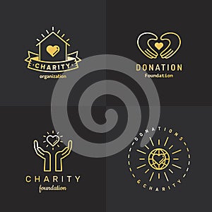 Donations and charity gold logo vintage vector set. Part one.