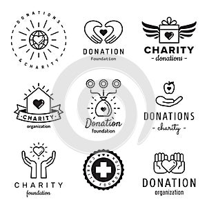 Donations and charity logo vintage hipster vector set.