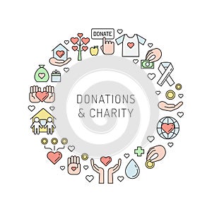 Donations and charity multicolored outline circle frame.