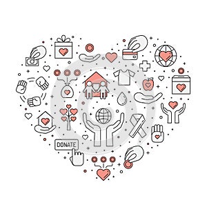 Donations and charity (red and gray) heart illustration (background). Simple outline design.