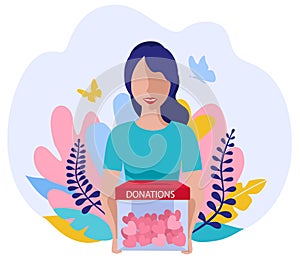 Donations and charity. Vector volunteering concept with flat girl with hearts. Hearts in hand. Donation box. Donate