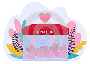 Donations concept. Charity illustration with glass box with hearts. Donation and volunteers work concept illustration.