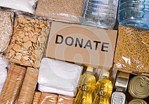 Donations food with canned food.Food set for the needy and volunteering. Relief Funds ,Donations.Charity donations. Making