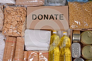 Donations food with canned food.Food set for the needy and volunteering. Relief Funds ,Donations.Charity donations. Making