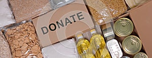 Donations food with canned food.Food set for the needy and volunteering. Relief Funds ,Donations.Charity donations. Making